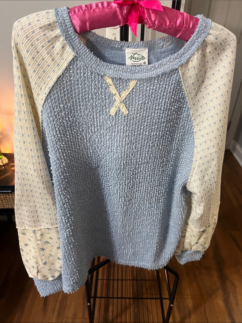 Newin Women's Light Blue and Cream Mixed-Knit Sweater